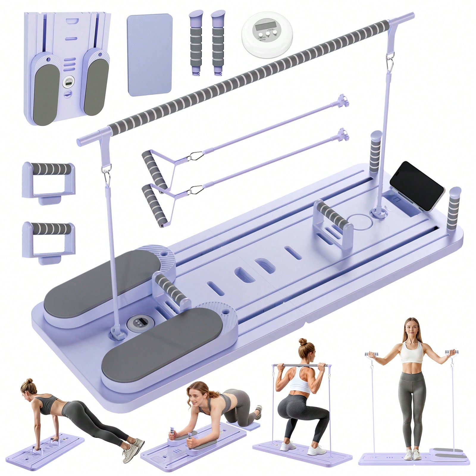 Pilates & Yoga Vida - เครื่องพิลาทิส รีฟอร์มเมอร์พร้อมบาร์, บอร์ดพิลาทิสพร้อมที่วางโทรศัพท์, เครื่องพิลาทิส รีฟอร์มเมอร์อเนกประสงค์แบบพับได้, เครื่องฝึกกล้ามเนื้อแกนกลางและหน้าท้อง,