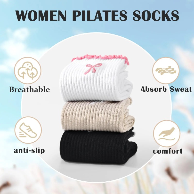 Pilates & Yoga Vida - ถุงเท้าโยคะมืออาชีพ สายรัดผ้าฝ้าย ซิลิโคนกันลื่น สำหรับพิลาทิส ฟิตเนส และการเต้นบนพื้น